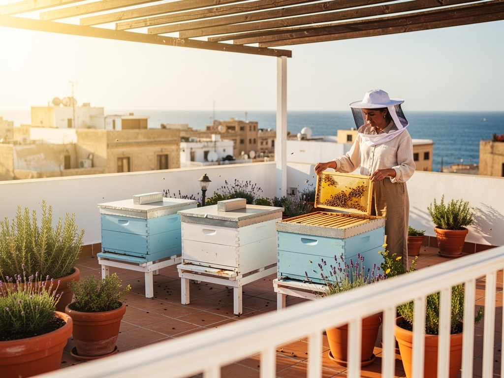 Coastal apiary near Alexandria with Mediterranean sea in background