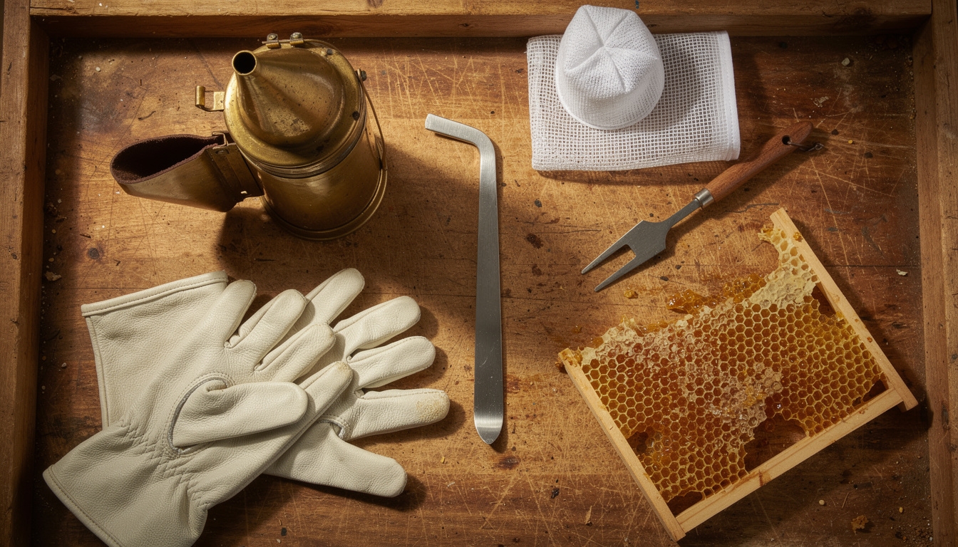 Beekeeping tools arranged on a wooden surface: smoker, hive tool, gloves and veil