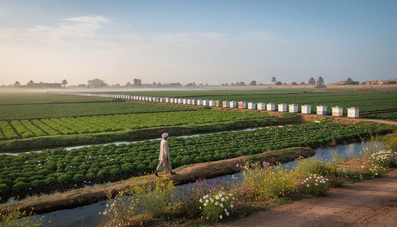 Green agricultural fields of the Nile Delta with beehives in foreground