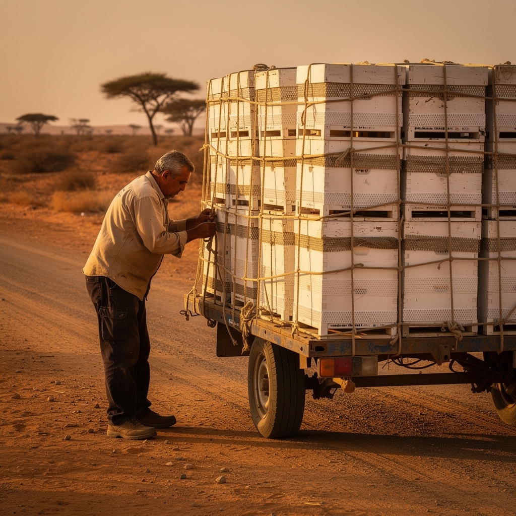 Beehives loaded on a flatbed truck ready for seasonal transport across Egyptian countryside