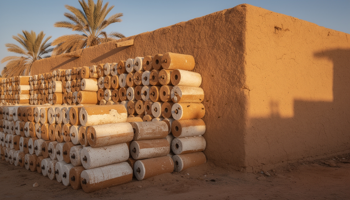 Traditional Egyptian clay beehives stacked horizontally in a rural apiary
